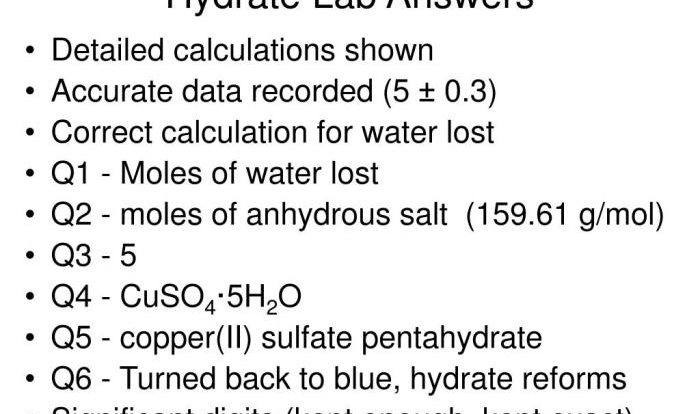 Formula for a hydrate lab answers